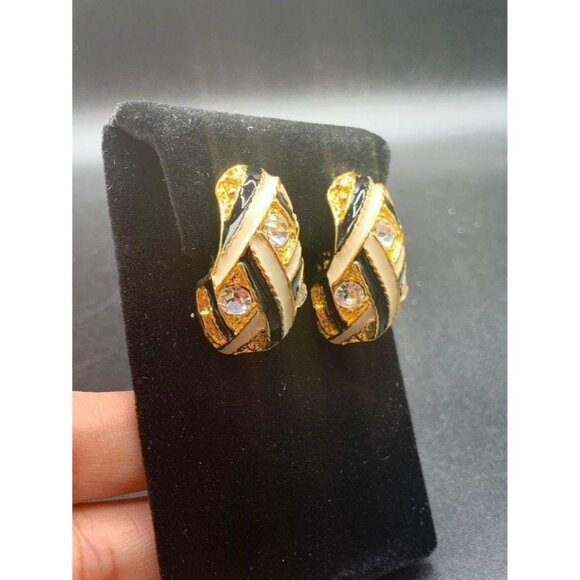 Fabulous Clip On Earrings Enamel and Rhinestones Dome Semi Hoop Chunky Gold Tone - Picture 2 of 5